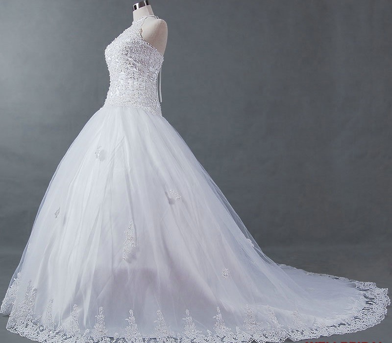Ball Gown High Neck Chapel Train Lace Organza Wedding Dress on Luulla